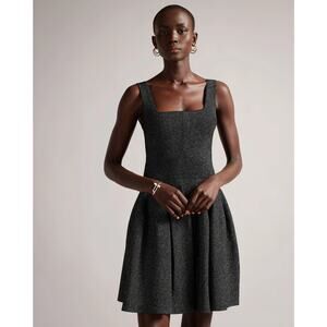 Ted Baker Glitzia Metallic Black Silver Sleeveless Skater Dress Size 0 NWT